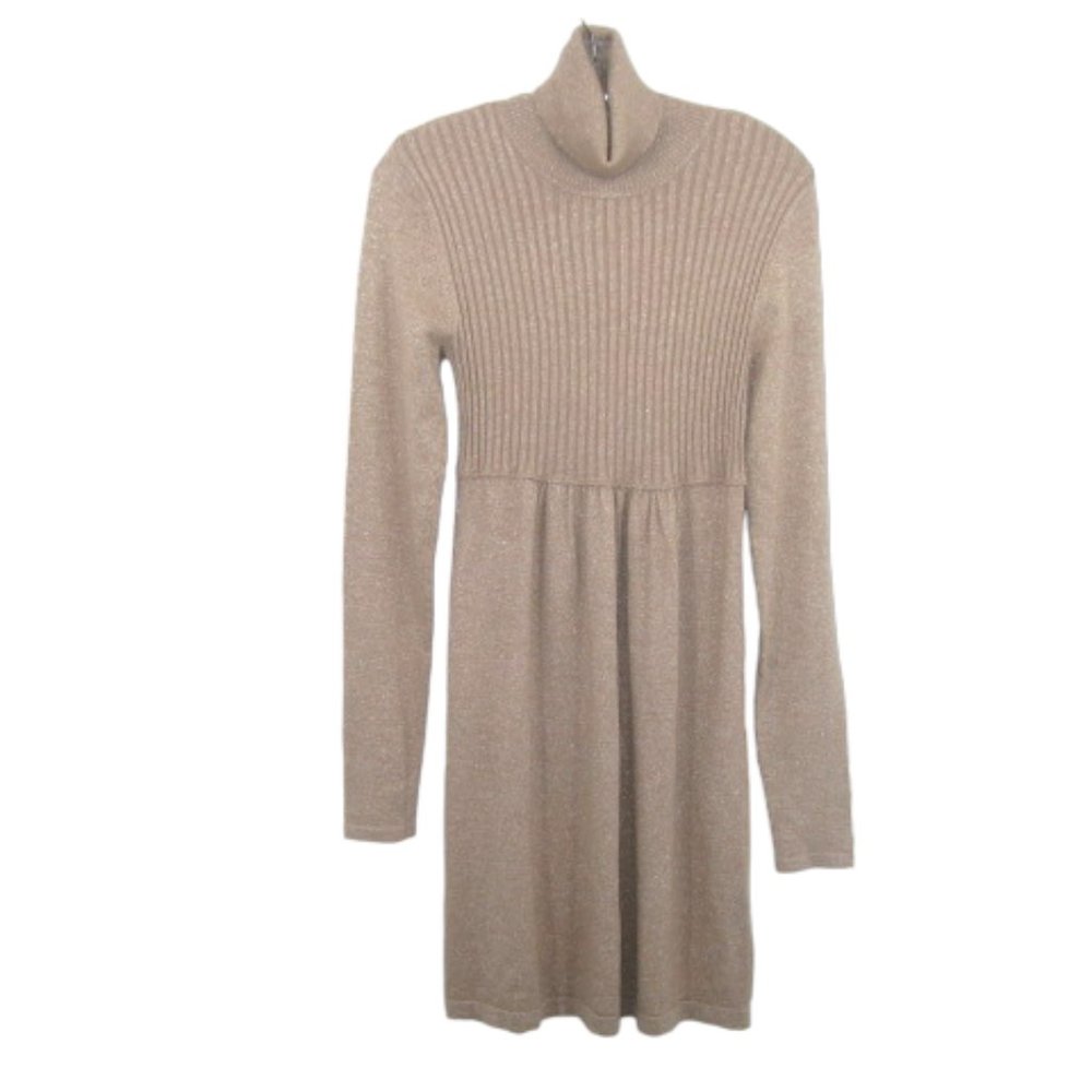 Apt. 9 Turtleneck Dress Stretch Taupe with Shimmery Gold Threads Holiday Festive